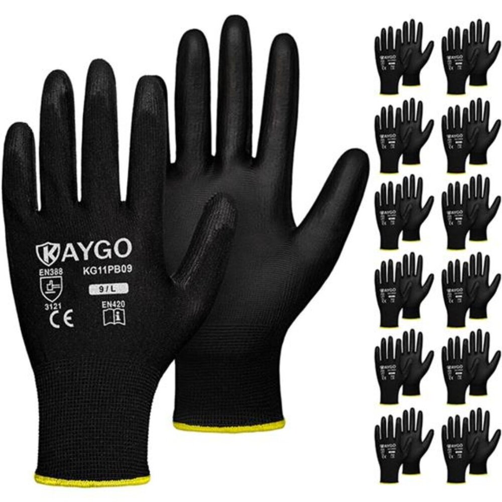 Safety Work Gloves PU Coated,12 Pairs KG11PB Seamless Knit Glove for Men